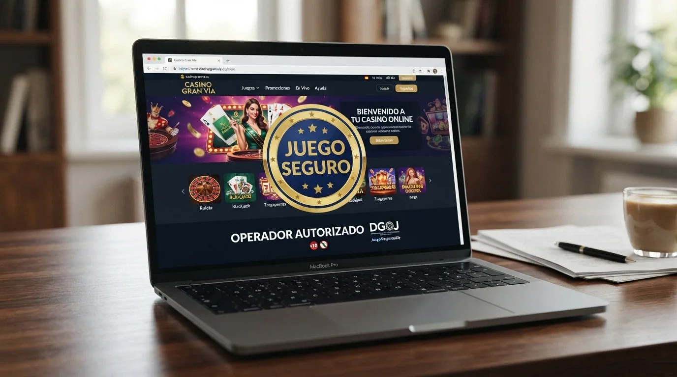 Primer plano del sello de «Juego Seguro» de la DGOJ sobre la página de inicio de un casino con dominio .es, con el texto «operador autorizado» visible