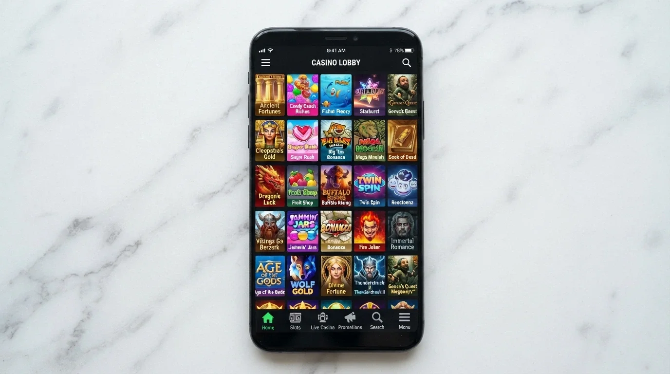 Vista del lobby de tragaperras en la app de un casino con licencia DGOJ