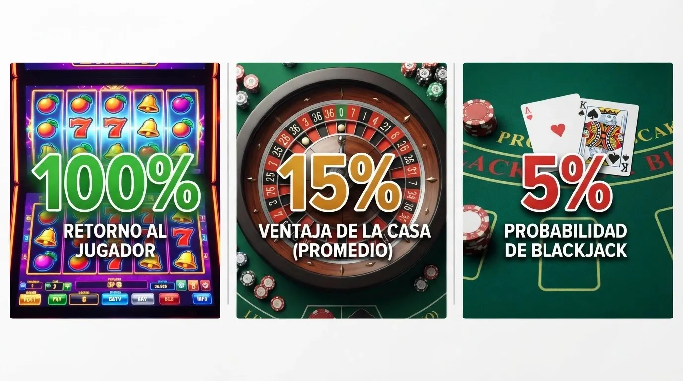 Una cuadrícula de tres interfaces de juego online: una tragaperras colorida, una ruleta y una mano de blackjack, con un porcentaje superpuesto en cada una