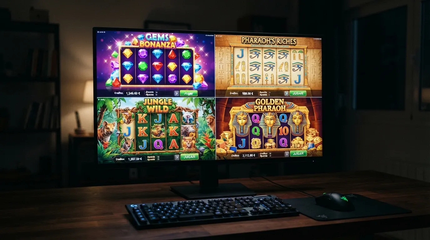 Collage con cuatro tragaperras populares — Starburst, Book of Ra Deluxe, Mega Moolah y Book of Dead — en pantalla de juego demo con fichas virtuales