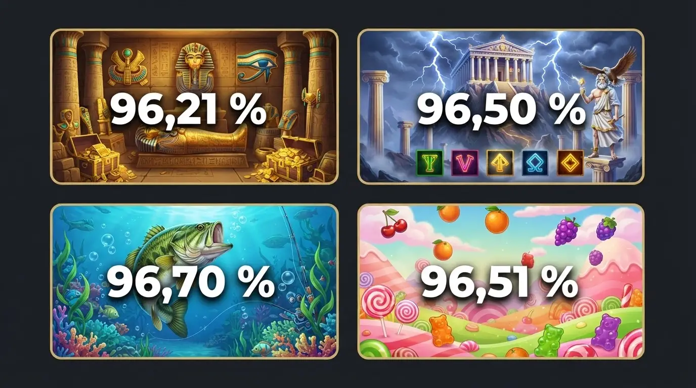 Una cuadrícula de portadas de slots populares — Book of Dead, Gates of Olympus, Big Bass Bonanza, Sweet Bonanza — con el porcentaje de RTP sobreimpreso en cada una