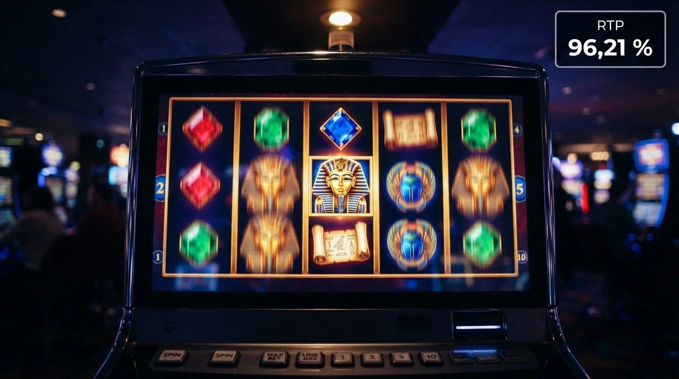 Interfaz de una slot online con el medidor de RTP en pantalla (96,21 %) y los carretes girando, con el logo de Play'n GO visible