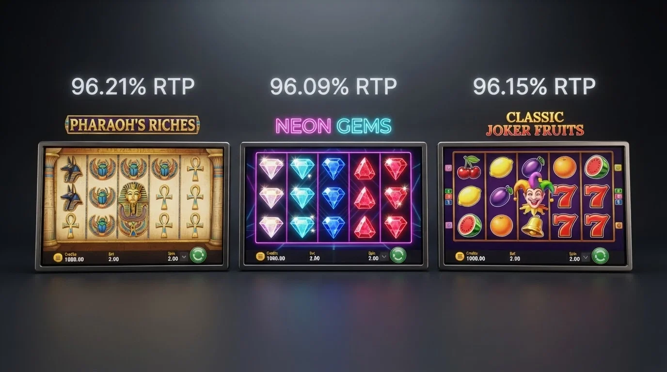 Composición visual con tres slots distintas alineadas: Book of Dead, Starburst y Fire Joker, con sus RTP flotando sobre cada una.