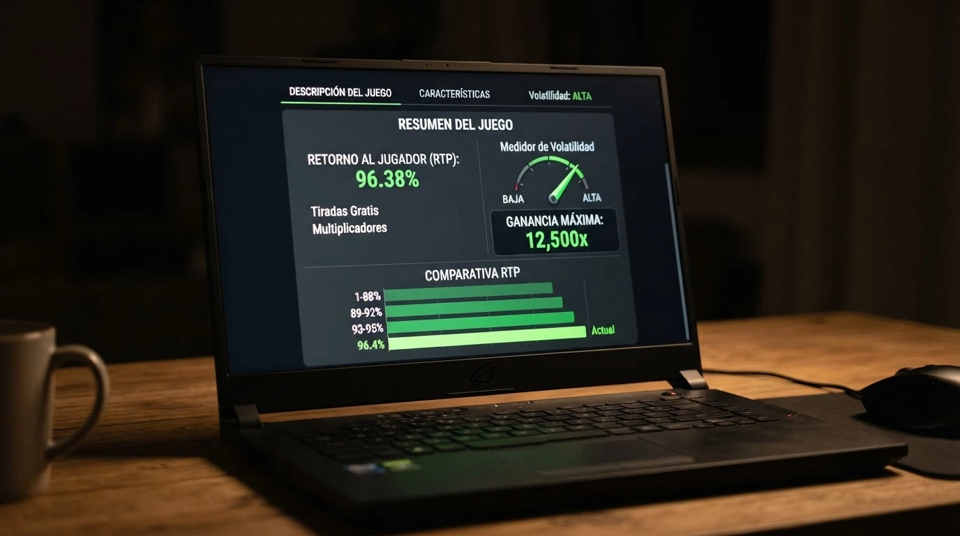 Primer plano de la ficha técnica de un slot de Hacksaw Gaming con los indicadores de RTP, volatilidad y ganancia máxima visibles en pantalla