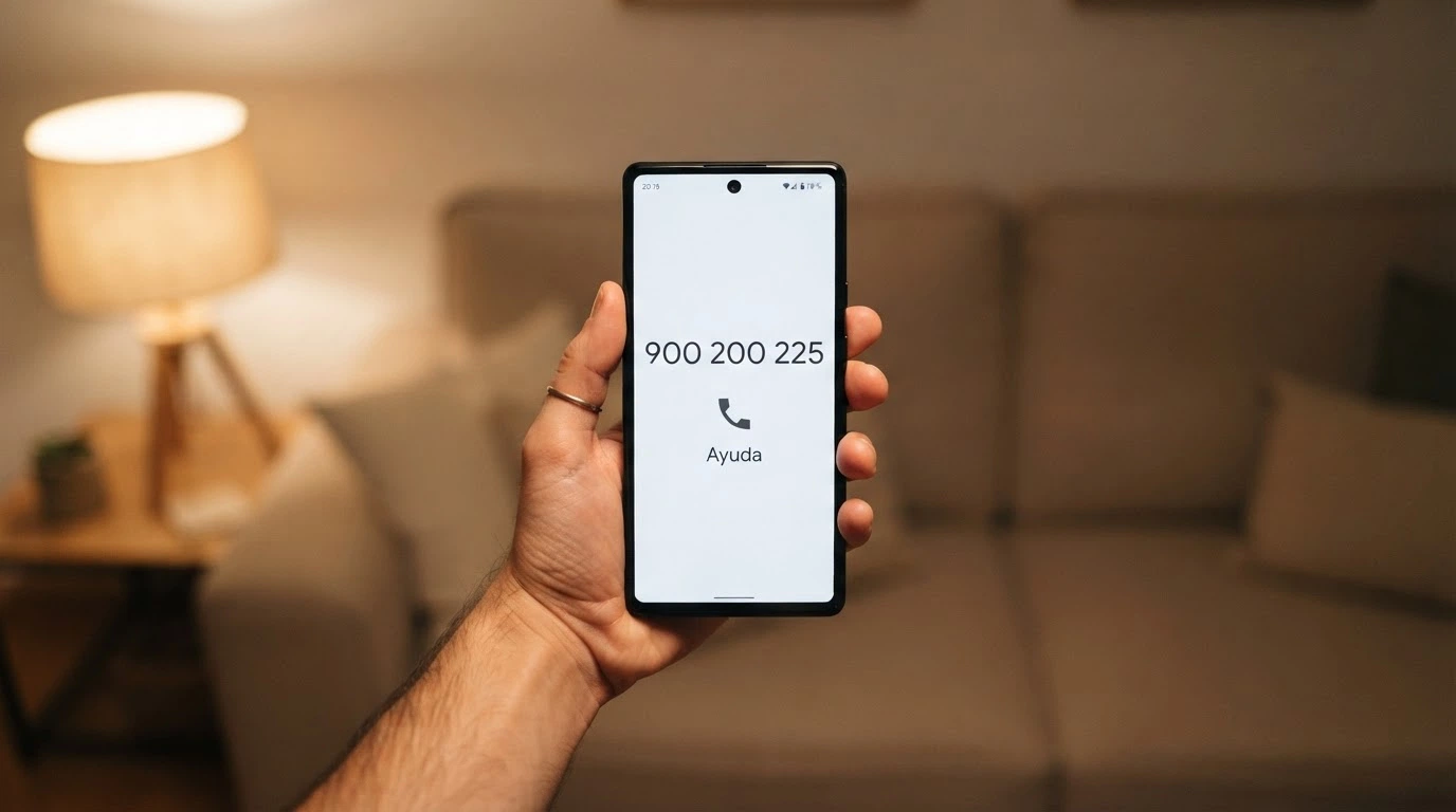 Un teléfono móvil con el número 900 200 225 en pantalla y el logotipo de FEJAR