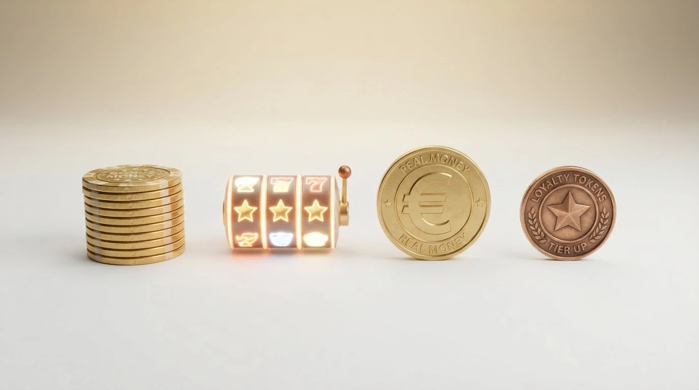 Cuatro iconos representando los tipos de premio del Bonus Crab: dinero de bono, giros gratis, dinero real y monedas de fidelidad