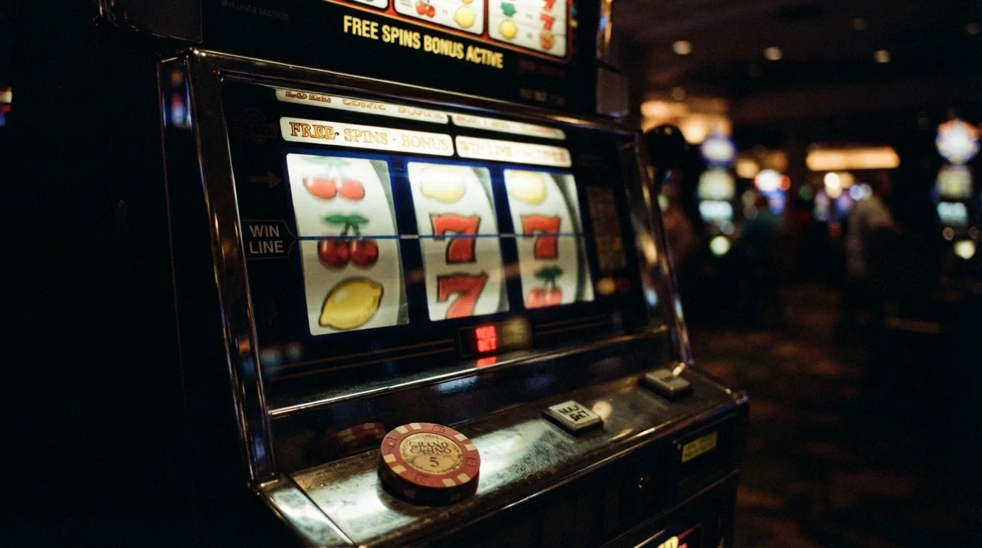 Primer plano de una slot de frutas con los rodillos girando, una ficha de 0,10 € en primer término.