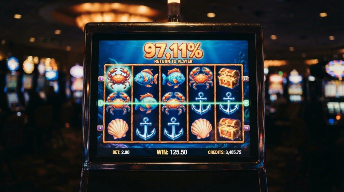Captura de la slot Cash & Crab de Amatic mostrando los cinco carretes con símbolos de cangrejo, con el RTP del 97,11% destacado en pantalla