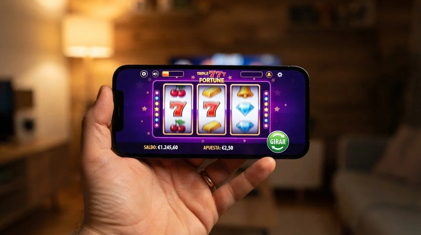 Móvil en horizontal mostrando una tragaperras online en funcionamiento con la interfaz de juego completa