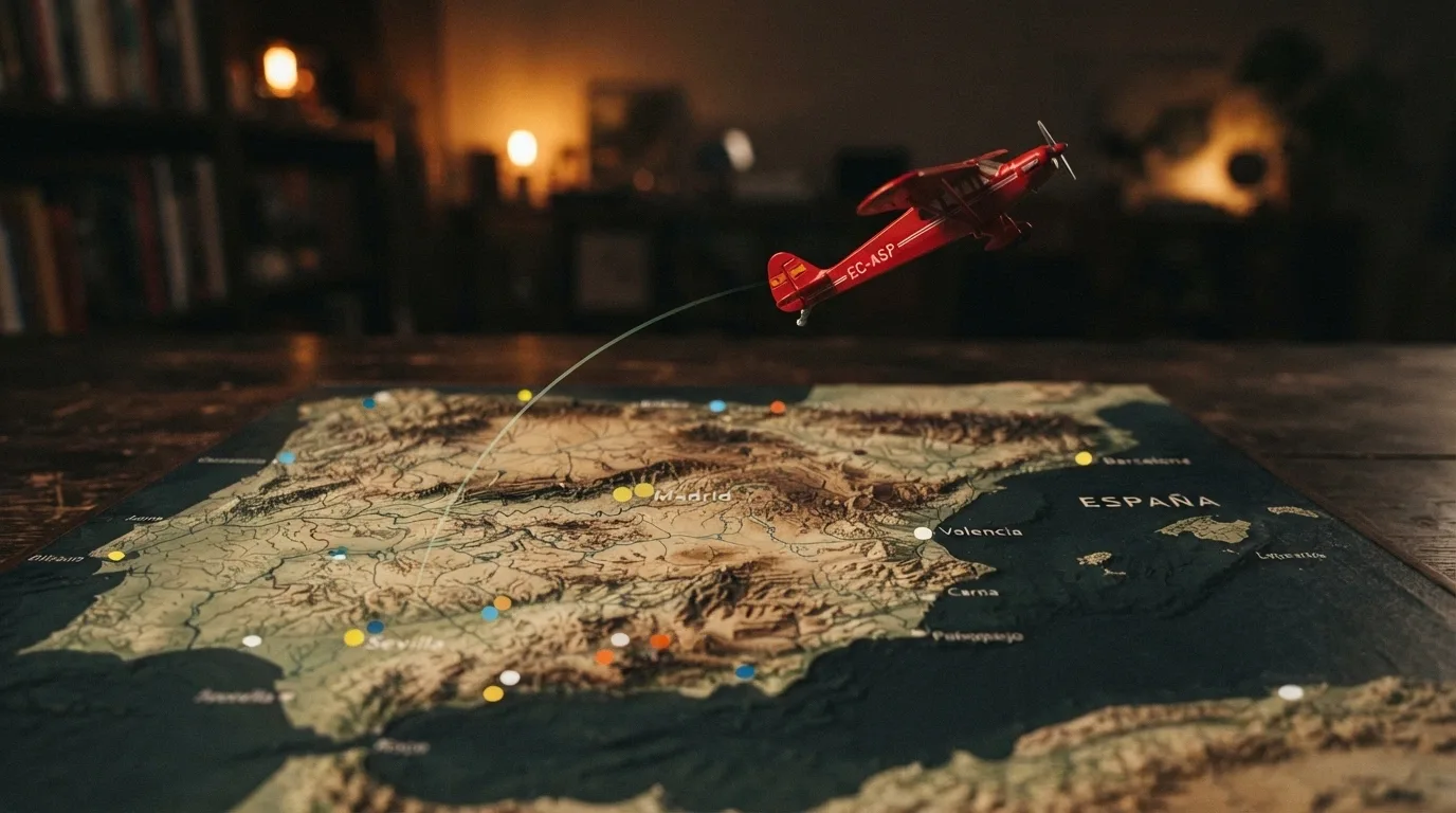 El avión de Aviator en ascenso sobre un mapa de España con los iconos de los operadores con licencia DGOJ distribuidos por el territorio