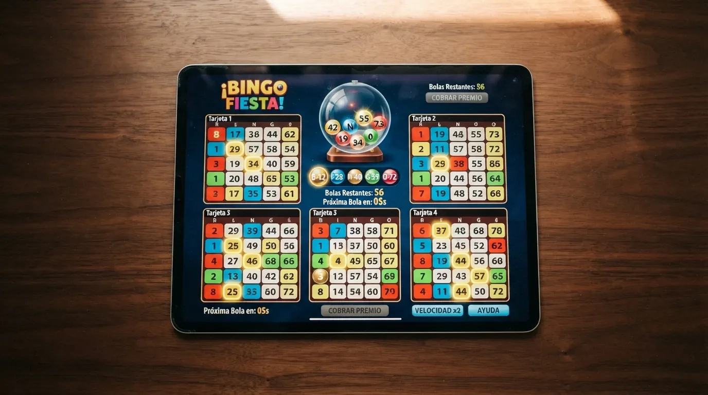 Interfaz de un video bingo español con cuatro cartones digitales activos y marcador automático de números