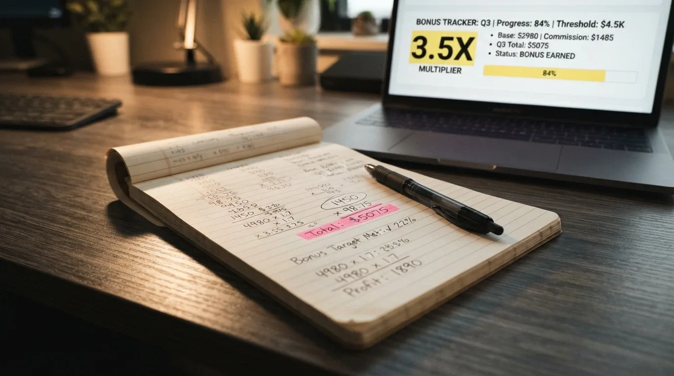 Primer plano de una calculadora junto a una pantalla que muestra términos de bono con el multiplicador de apuesta resaltado